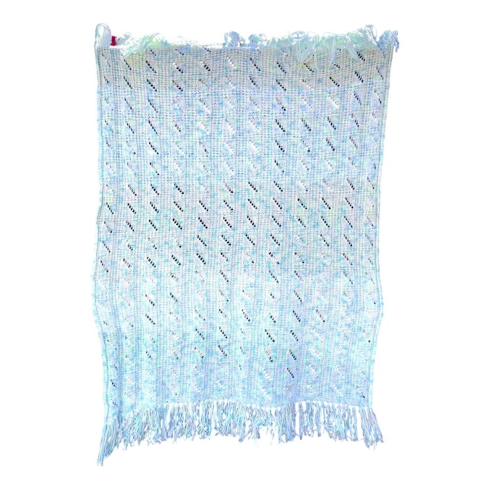 Handmade Knitted Baby Blanket Pastel Color Yarn Pearlized Yarn 44x33 Tassel Cozy